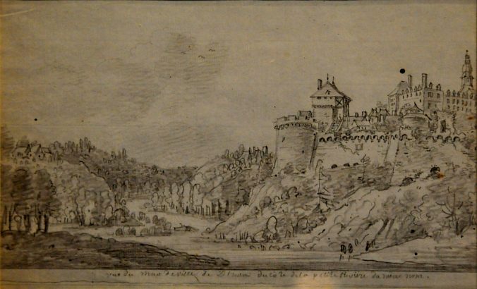 «Vue du mur de la ville de Dinan du côté de la petite rivière du même nom» par Louis–François Cassas (1756–1827)