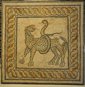 Mosaïque représentant une panthère et un  serpent.