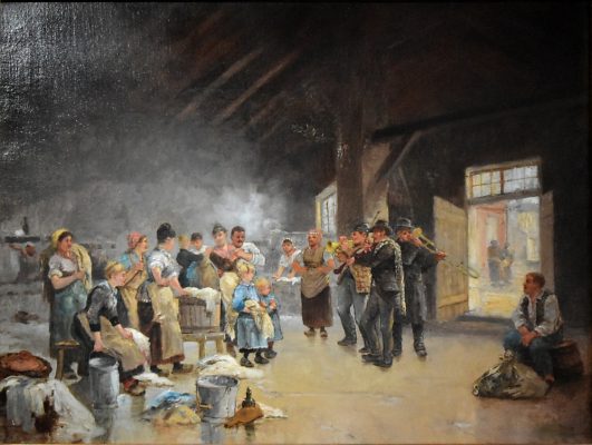 Louis Tauzin (1842-1915) : «Blanchisseuses et violoneux au Bas-Meudon», vers 1890, Huile sur toile