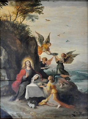 Attribué à Frans II Francken (1581-1642) : «Le  Christ au désert servi par des anges»