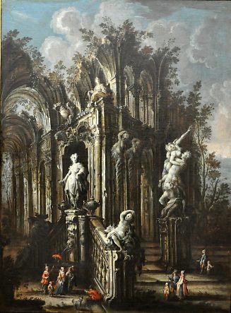 Gherardo Poli (1674 – après 1739) : «Fantaisie d'architecture en ruine avec l'enlèvement des Sabines»