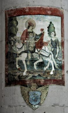 Saint Martin partageant son manteau (fresque sur une pile)