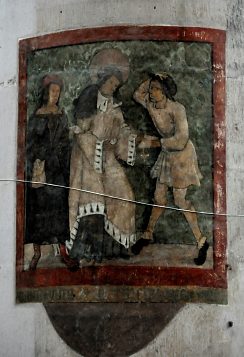 Saint Yves entre un avocat et un plaideur (fresque sur une pile)