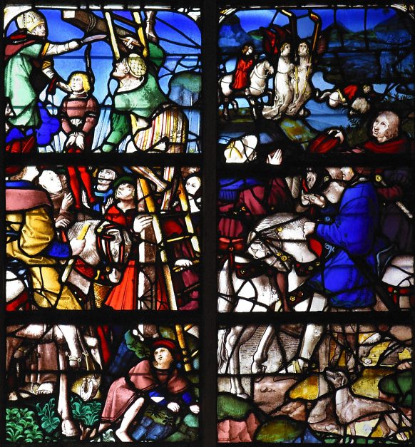 Vitrail baie 107, Légende de saint Claude, détail :  Claude coupe la corde d'un pendu innocent