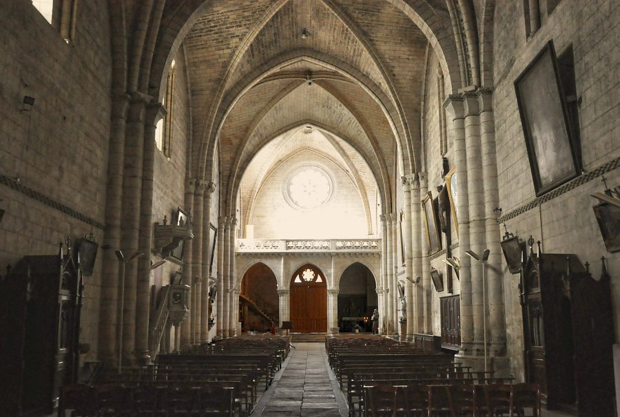 Vue d'ensemble de la nef depuis le chœur.