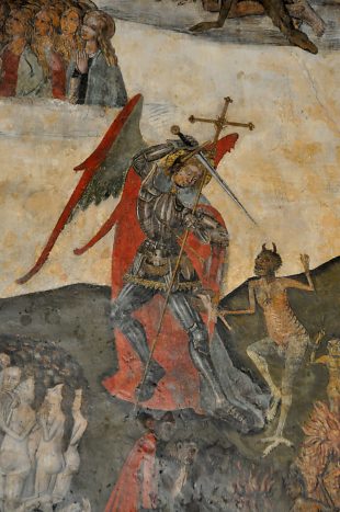 Le Jugement dernier : saint Michel terrasse un démon.