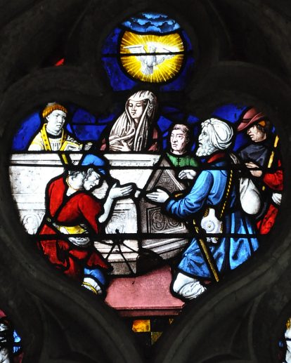 Des pélerins se recuillent autour de la châsse d'un saint, XVIe siècle