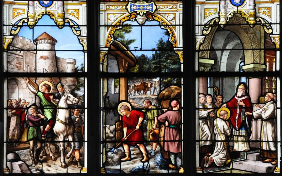 Vitrail de la vie de saint Thibault, scènes historiées du  registre du bas.