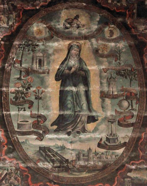 La Vierge du Rosaire : la mandorle centrale est ornée des symboles des litanies (1577).