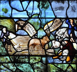 «Le vitrail des vicaires», détail : Le panneau des laboureurs