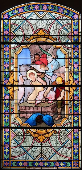 Vitrail : le martyre de saint Laurent (atelier Haussaire, Reims, autour  de 1900)