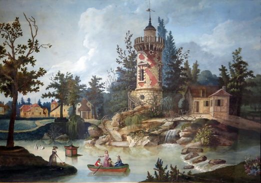 Attribué à Dick Fils (École française du XVIIIe siècle) : «La Tour Malborough, hameau du château de Bellevue», 1794, gouache