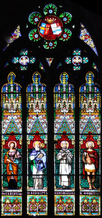 Vitrail : sainte Christine, saint Radulphe, saint Raymond de Pennafort  et saint Maurice