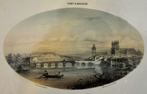 Lithographie de Pont–à–Mousson avec le pont Gélot et l'église Saint–Martin