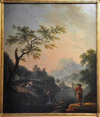 Paysage romantique avec étang et château par Jean–Baptiste Claudot