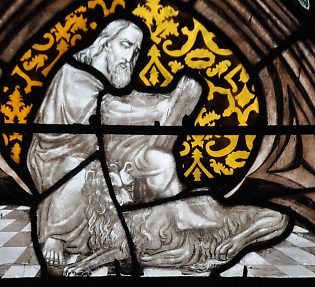 Baie 27 : Saint Marc et son lion dans un haut de lancette (grisaille du XIXe siècle)