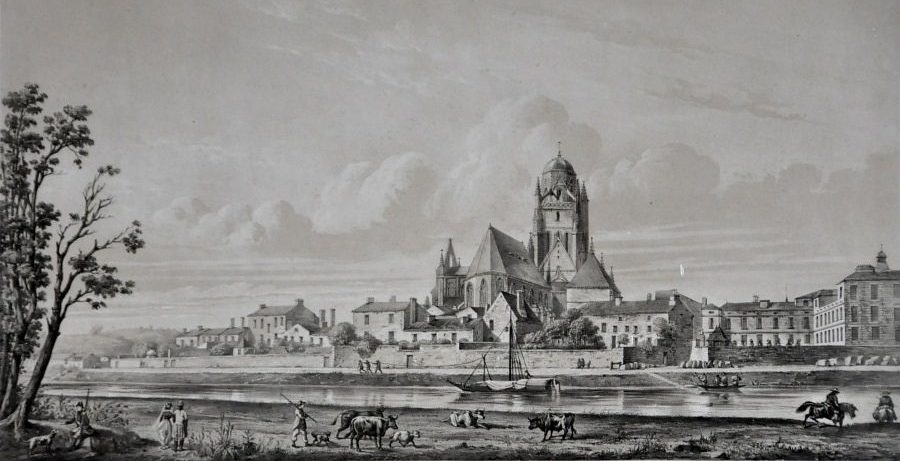 Dessin : Vue de la Charente et de la cathédrale Saint–Pierre