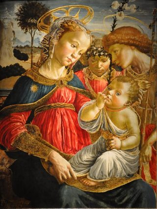 «La Vierge, saint Jean–Baptiste et un ange adorant l'Enfant Jésus» Anonyme, Florence, XVe siècle