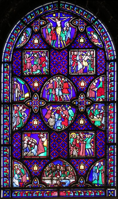 Verrière de la baie 0 : scènes de la Passion du Christ copiées sur les vitraux de la Sainte-Chapelle (atelier Steinheil, 1839, cartons de Lassus et Didron Aîné)