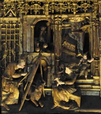 Triptyque marial, détail d'un panneau sculpté : saint Luc peint le portrait de la Vierge