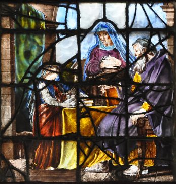 «L'Éducation de la Vierge» par Guillaume le Vieil, panneau peint vers 1712 pour l'église Saint–Roch, vitrail de la baie 22