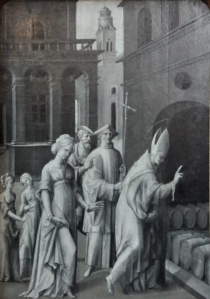 Panneau Renaissance en grisaille (XVIe siècle), vie de saint Rémy