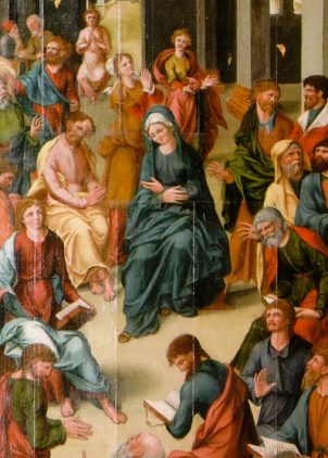 Panneau polychrome Renaissance : La Pentecôte (partiel)